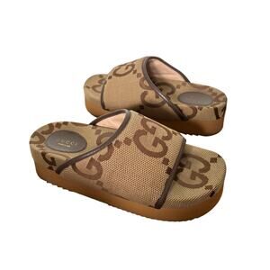 Gucci Supreme Jumbo GG Monogram Platform Slide Sandal Camel Canvas Maxi Size 39